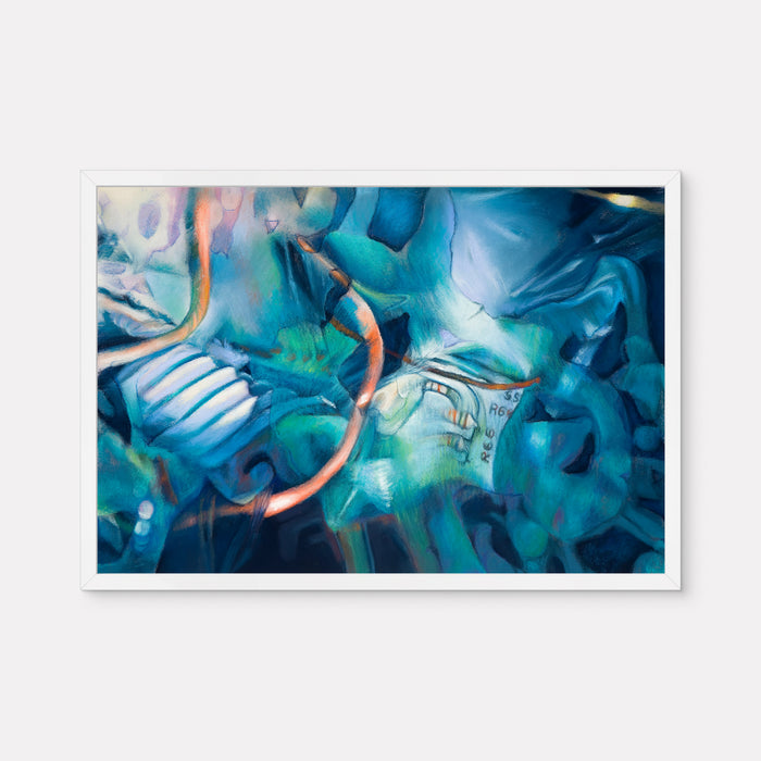 The artwork 'R66' by Sarah Canfield features swirling abstract forms in vibrant turquoise and aqua tones, with flowing curves and dynamic movement throughout the composition. Delicate peach-colored lines weave through deep blue waves, creating a dreamlike underwater atmosphere. The pastel medium creates soft textures and ethereal blending in this 13x19 inch piece.