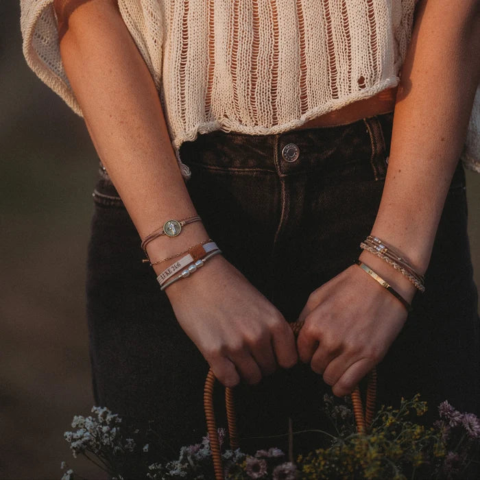 "Risen" Warm Neutrals with Gold Christus Hair Tie Bracelets