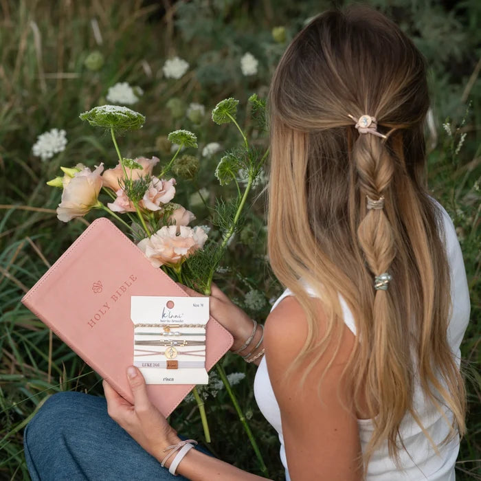 "Risen" Warm Neutrals with Gold Christus Hair Tie Bracelets