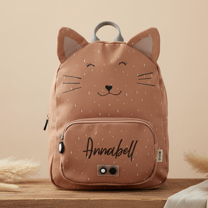 Personalisierter Trixie Kinder-Rucksack Frau Katze mit Name – wasserabweisender Rucksack mit Fronttasche und Brustgurt für Schule und Ausflüge