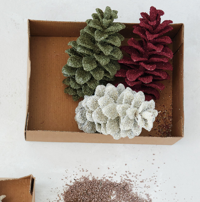 S/3 Faux Pinecones w/ Glitter - 13 Hub Lane   |  Vintage Inspired Ornaments