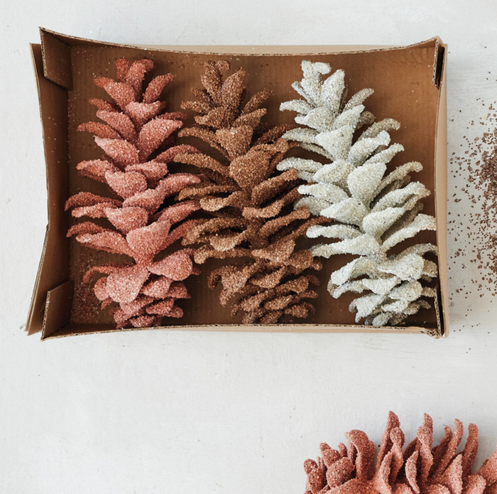 S/3 Faux Pinecones w/ Glitter - 13 Hub Lane   |  Vintage Inspired Ornaments