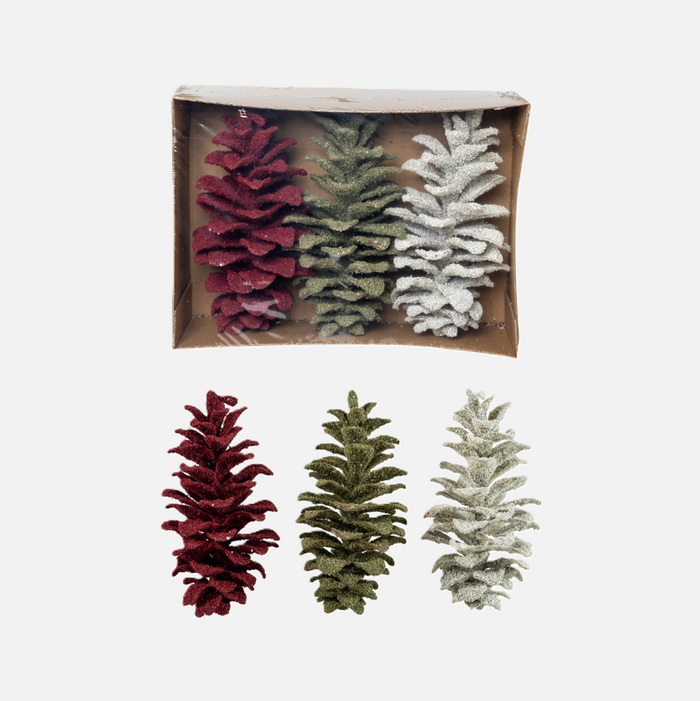 S/3 Faux Pinecones w/ Glitter - 13 Hub Lane   |  Vintage Inspired Ornaments