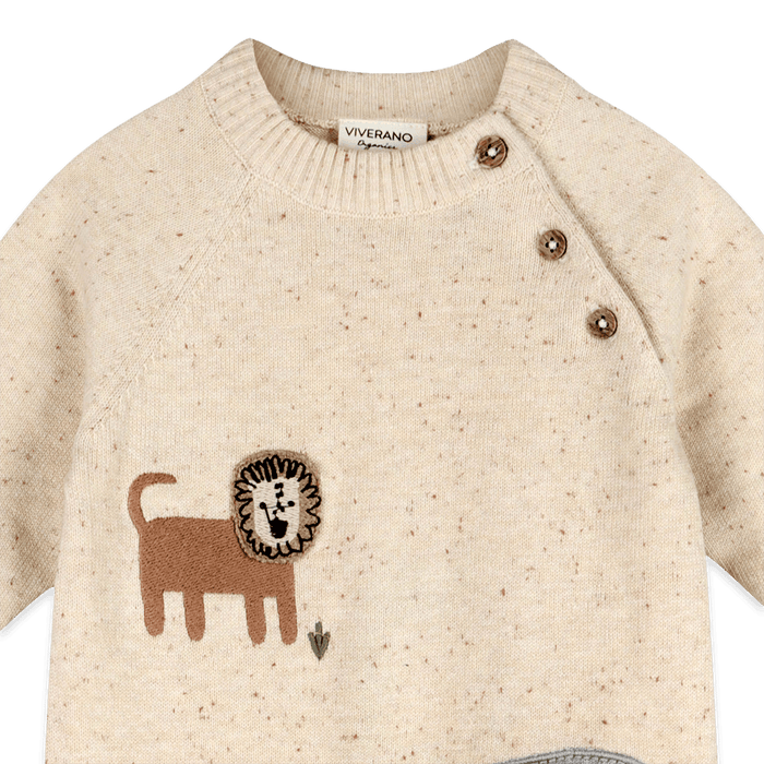 Organic Cotton Safari Animals Baby Knit Jumpsuit, Lion Detail
