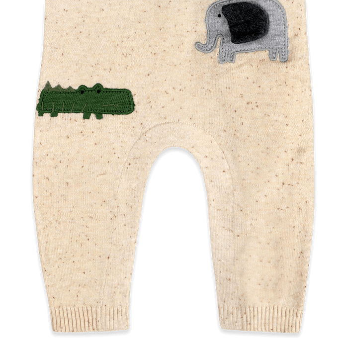 Organic Cotton Safari Animals Baby Knit Jumpsuit, Embroidery Detail