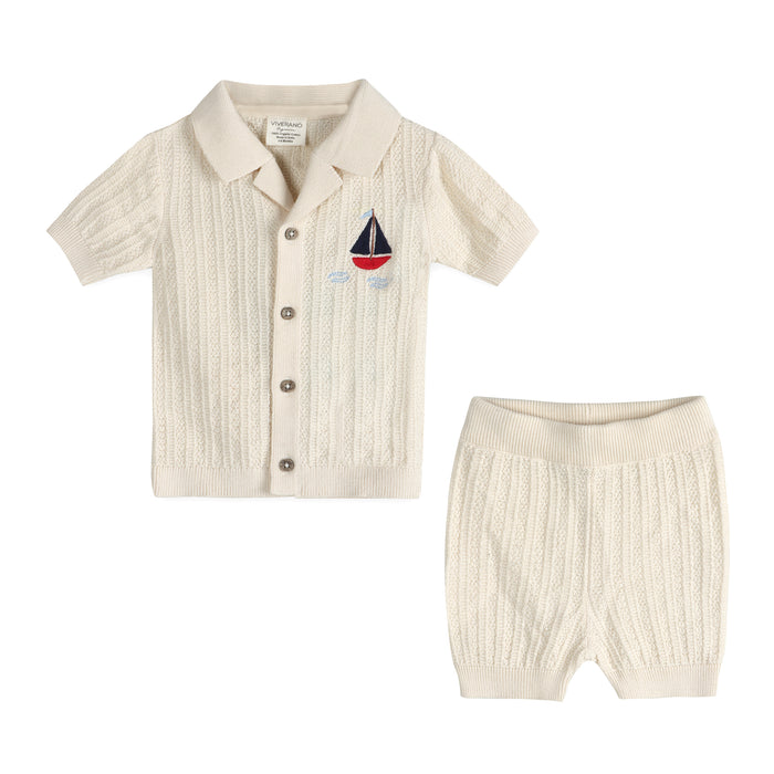 Sailboat Embroidered Baby Shirt & Shorts Set (Organic Cotton)