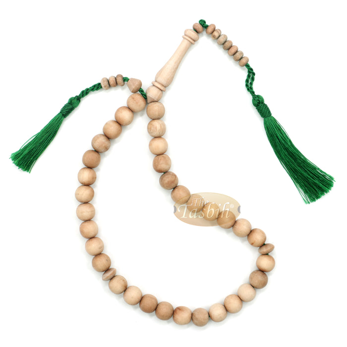 Sandalwood 33-Bead Tasbih Prayer Beads 10 mm with 2 Madinah Green Tassels