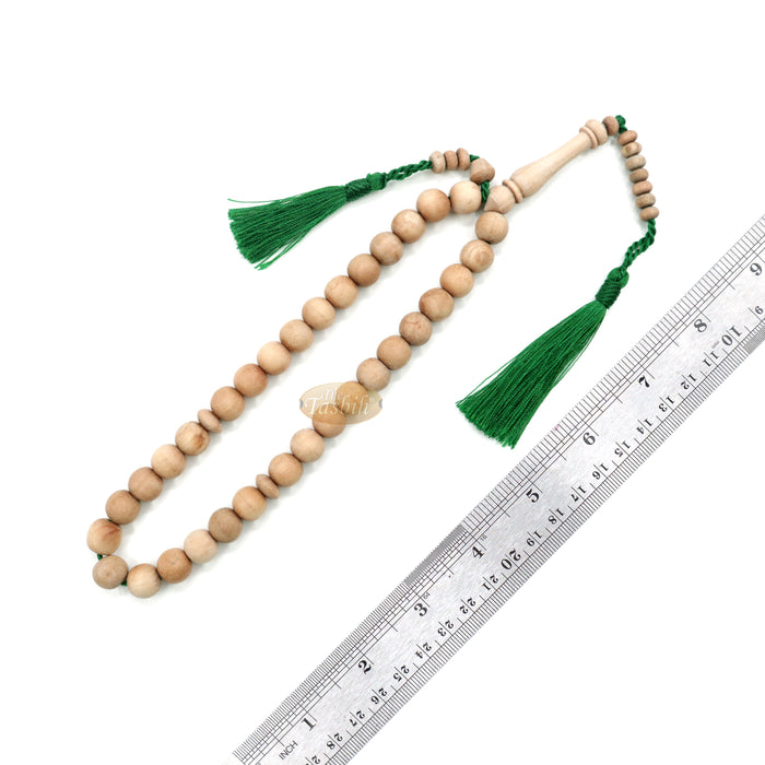 Sandalwood 33-Bead Tasbih Prayer Beads 10 mm with 2 Madinah Green Tassels
