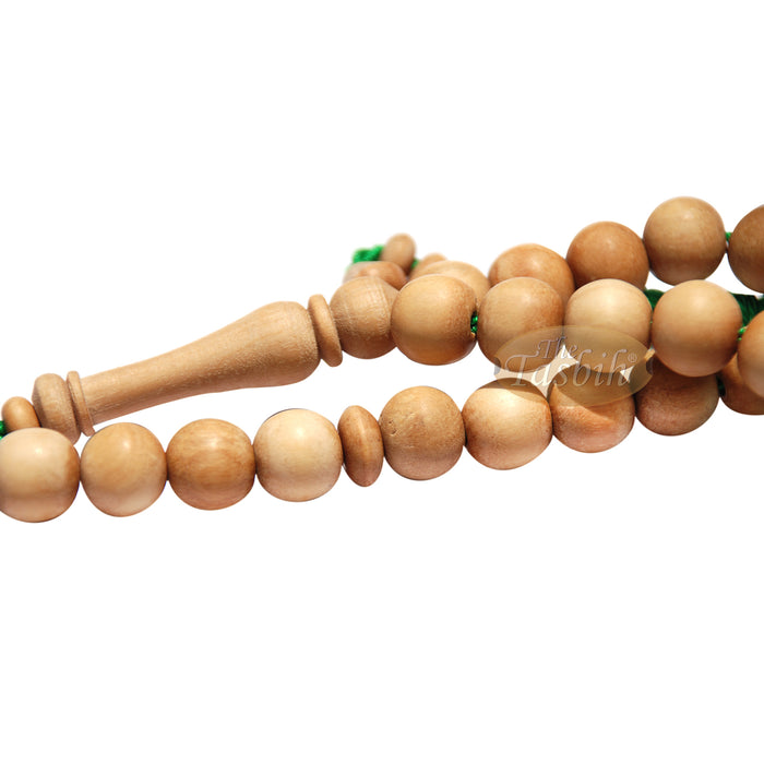 Sandalwood 33-Bead Tasbih Prayer Beads 10 mm with 2 Madinah Green Tassels