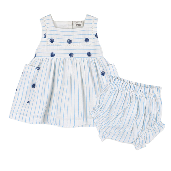 Seashells Embroidered Striped Baby Dress + Bloomer (Organic)