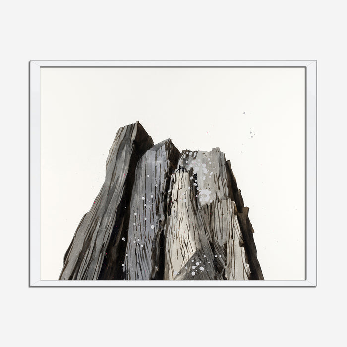 The artwork 'Shale' by Theresa Bloise features a dramatic monochromatic acrylic painting depicting jagged rock formations rising upward. The bold black and gray brushstrokes create a textured, geological appearance with sharp angular peaks against a white background, capturing the raw, fractured nature of layered stone. Acrylic on paper, 22x30 inches, by Theresa Bloise.
