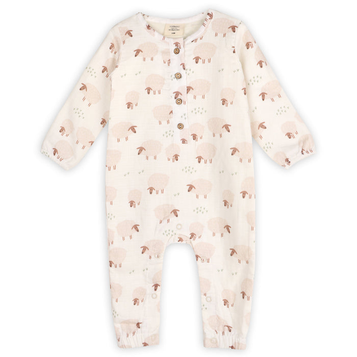 Sheep Long Sleeve Baby Button Jumpsuit (Organic Muslin)