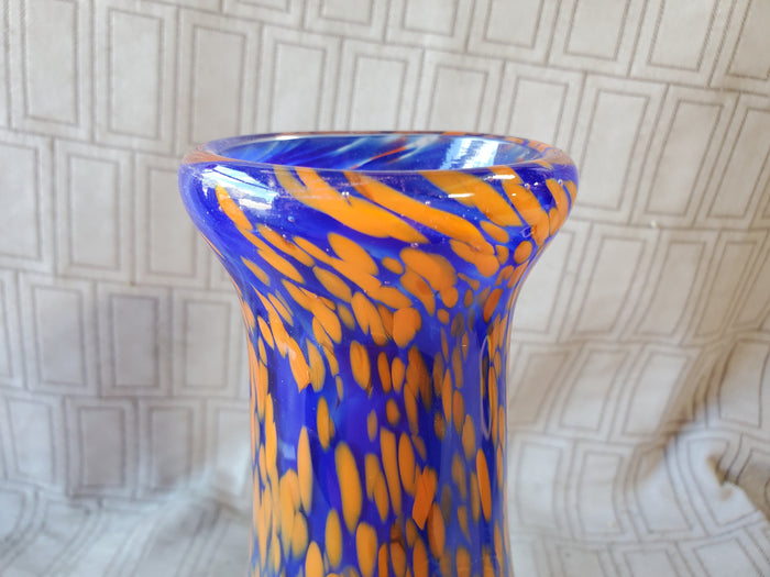 Signed Handblown Blue and Orange Glass Vase by Jeb