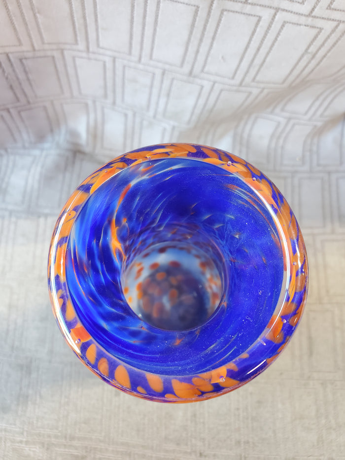 Signed Handblown Blue and Orange Glass Vase by Jeb