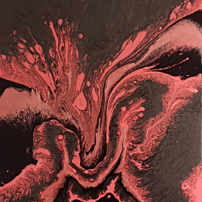 The artwork 'Solar Explosion' by Sabrina Puppin features dynamic coral-pink fluid patterns swirling against a deep black background. The abstract composition showcases dramatic fluid art techniques with synthetic glazes, creating a mesmerizing cosmic effect of molten energy bursting outward. The textured surface captures light and shadow, emphasizing the explosive movement and organic flow. 20x16 inches on canvas by Sabrina Puppin.