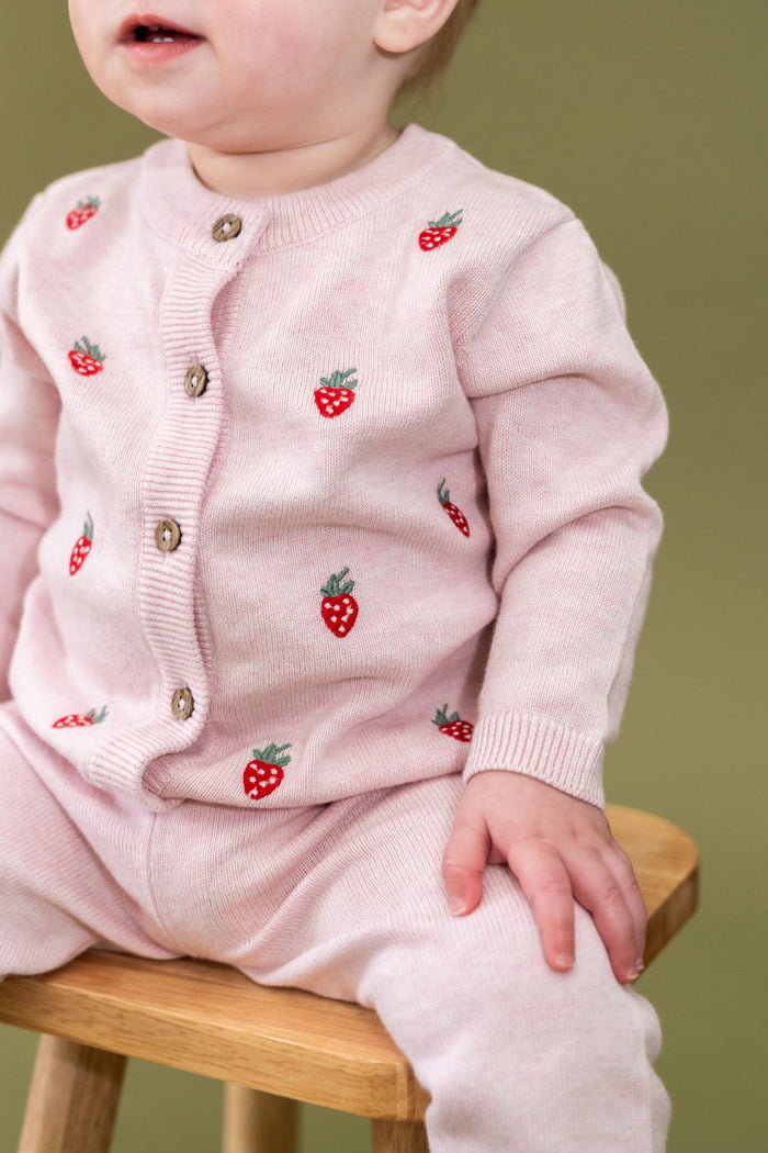 Strawberry Embroidered Knit Baby Cardigan (Organic Cotton)