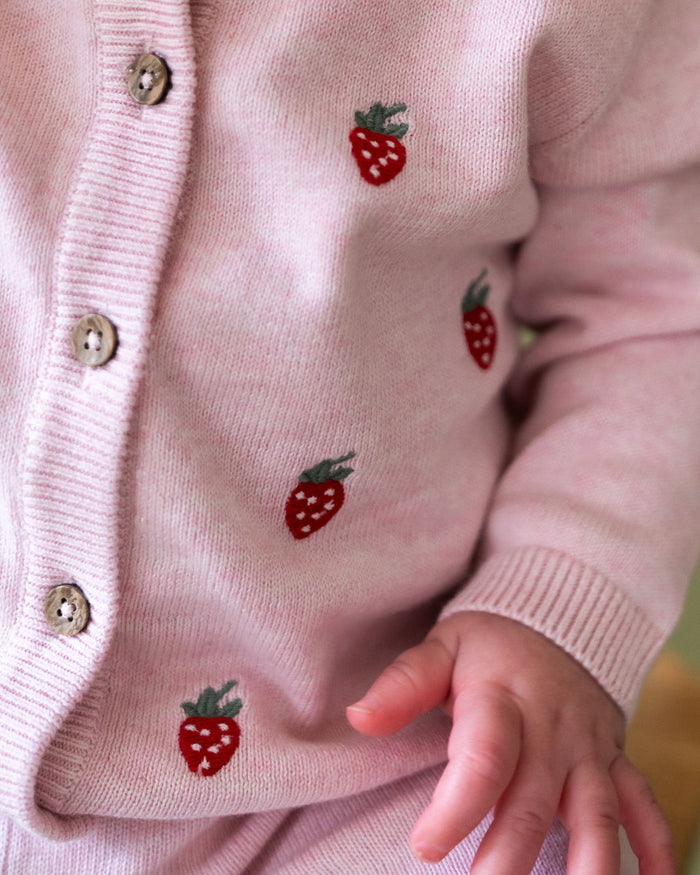 Strawberry Embroidered Knit Baby Cardigan (Organic Cotton)