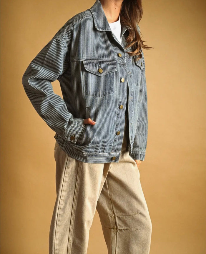 Striped Pattern Denim Jacket - Indigo