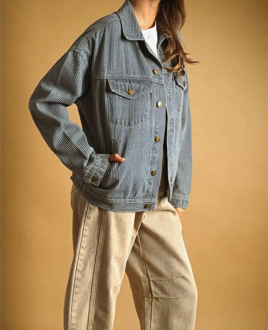 Striped Pattern Denim Jacket - Indigo
