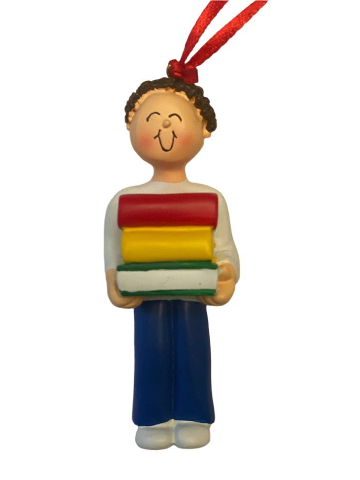 Student with books, Brown Hair, Male- Personalized Christmas Ornament