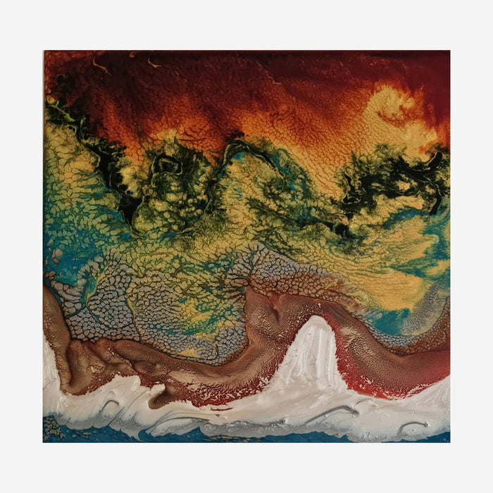 The artwork 'Study 141' by Sabrina Puppin features a striking abstract landscape with fluid layers of synthetic glazes on wood. Rich burgundy and turquoise tones blend with golden yellows, creating a dramatic coastal scene. Textured patterns resemble crashing waves against white shores, while the top portion evokes a stormy sunset sky. By Sabrina Puppin.