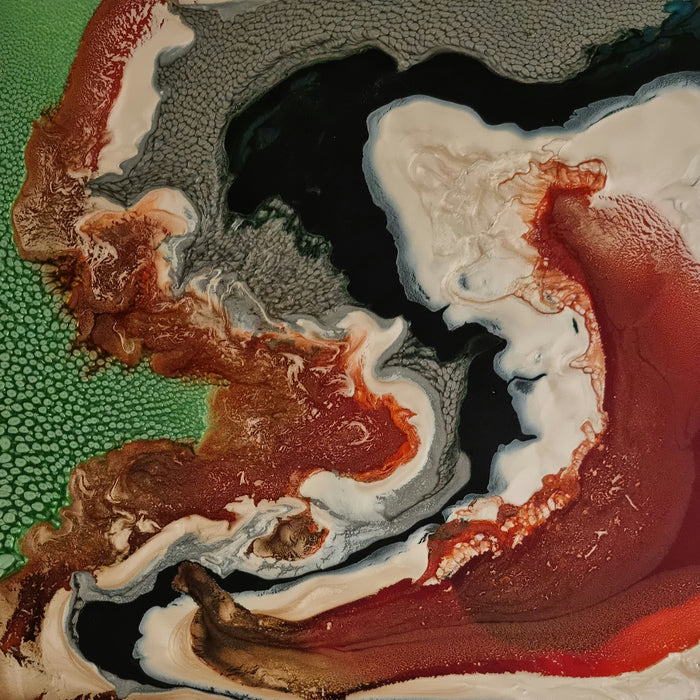 The artwork 'Study 142' by Sabrina Puppin features a fluid abstract composition with swirling patterns in rust red, cream white, and deep black tones against an emerald green background. The synthetic glazes on wood create a marbled effect with textured surfaces resembling natural geological formations, displaying dynamic movement and organic flow patterns.
