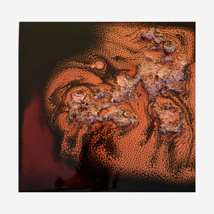 The artwork 'Study 154' features swirling abstract patterns in rich copper and bronze tones, with textured stippled effects created using synthetic glazes on wood. Dark burgundy shadows blend into a luminous orange core, creating a dynamic, fluid composition with crystalline-like formations. A 12x12 inch contemporary piece by Sabrina Puppin.