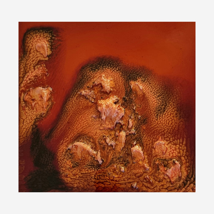 The artwork 'Study 155' by Sabrina Puppin features a rich textural composition in warm copper and deep burgundy tones. Abstract formations resemble molten landscapes with rippling, organic patterns created through synthetic glazes on wood. The piece showcases a dramatic interplay of light and shadow, with textured surfaces suggesting geological formations or aerial views.