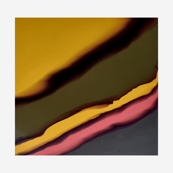 The artwork 'Study 166' by Sabrina Puppin features diagonal layers of vibrant colors flowing across the composition. A bold mustard yellow meets deep olive green, separated by a fluid black line, while a warm coral pink stripe emerges from the bottom, creating a dynamic abstract landscape. Created with synthetic glazes on wood, the piece showcases smooth, glossy textures and organic curved boundaries between color fields.