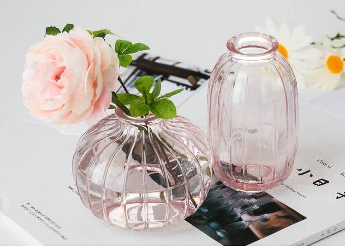 Sweet Home Deco - Pleated Glass Bud Vase, Small Glass Vases, Pink