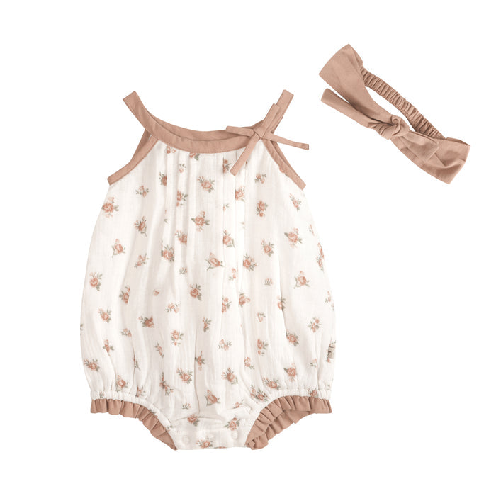Tea Rose Floral Baby Romper + Headband (Organic)