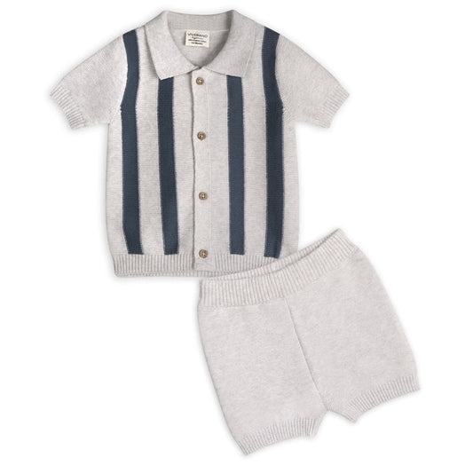 Tennis Collar & Stripe Knit Top & Shorts Set (Organic Cotton)