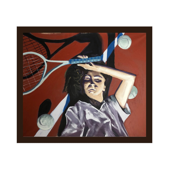 The artwork 'Tennis Girl' depicts a figure reclining against a terracotta background with a tennis racket and balls in dynamic composition. The painting features bold contrasts of white sporting equipment against warm red tones, with the subject wearing a silvery-gray top. Rendered in acrylic on canvas with expressive brushstrokes, this contemporary sports-themed artwork measures 40x30 inches. By Nikki Shapiro.