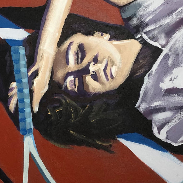 The artwork 'Tennis Girl' features a figure reclining against a red background, depicted in an expressive acrylic painting style. The composition shows dramatic shadows and highlights, with bold strokes in blue, white, and gray tones. The 40x30 inch canvas demonstrates contemporary realist technique with strong contrasts. By Nikki Shapiro.