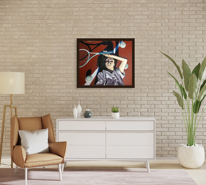The artwork 'Tennis Girl' by Nikki Shapiro features a dynamic acrylic composition on canvas depicting a tennis player in motion against a rich orange-brown background. The figure is rendered in cool gray and blue tones, with a tennis racquet visible in the upper portion. The painting showcases bold brushstrokes and contemporary sports imagery in a 40x30 inch format by Nikki Shapiro.