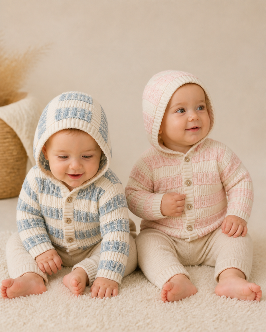 Babies Wearing Textured Knit Baby Hooded Jackets, Organic Cotton by Viverano