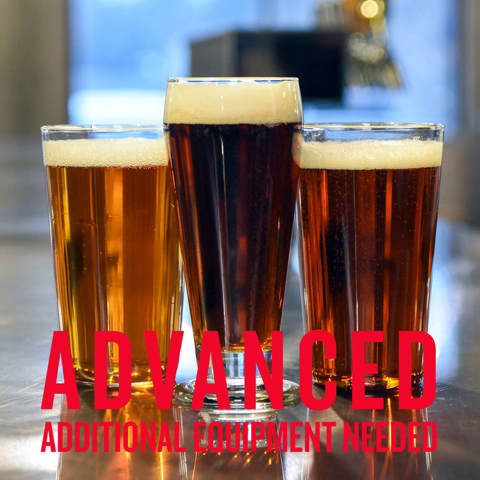 Three classic-style beers in pint glasses—golden, amber, and dark—lined up on a reflective surface. Text reads: “ADVANCED – ADDITIONAL EQUIPMENT NEEDED.”