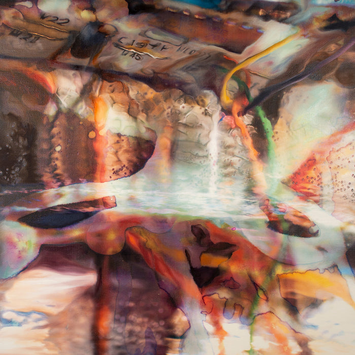 The artwork 'The Deep' by Sarah Canfield features abstract fluid patterns with vibrant orange, brown, and white swirls creating a dynamic underwater effect. Ethereal light streams through translucent layers of mixed media on canvas, suggesting mysterious oceanic depths. Bold brushstrokes and textural elements blend seamlessly in this 48x36 inch contemporary abstract composition.
