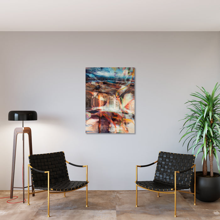 The artwork 'The Deep' by Sarah Canfield features swirling abstract patterns in vibrant coral reds and oceanic blues, creating a dynamic underwater-like atmosphere. The mixed media composition on canvas showcases layered textures with fluid brushstrokes and overlapping translucent elements, suggesting movement and depth through contrasting warm and cool tones.