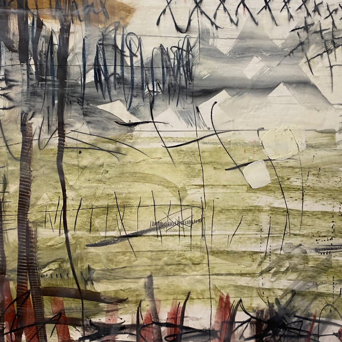 The artwork 'Things That Were Never Said' by Lisa Pressman features abstract expressionist marks in black and gray against a misty landscape background. Energetic scratches and gestural brushstrokes create dynamic movement across a pale yellow-green field, with darker elements framing the top and bottom. The encaustic medium adds depth and texture through its distinctive waxy surface.