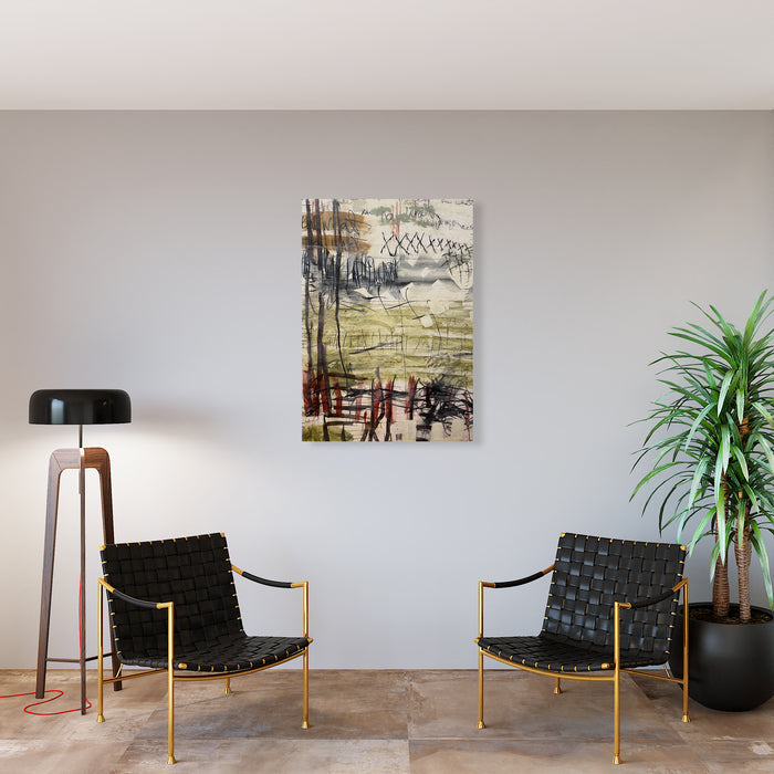 The artwork 'Things That Were Never Said' by Lisa Pressman features abstract layers of muted earth tones with gestural markings in black and deep red. The encaustic medium creates a textured, translucent surface with organic patterns suggesting a foggy landscape. Vertical lines intersect horizontal elements, creating a contemplative atmospheric composition on wood panel.