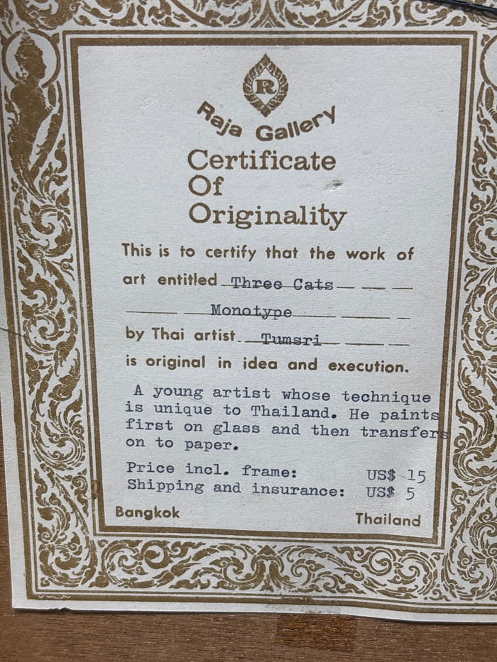 MCM Three Cats by Thai Artist Tumsri - Certificate of Originality Included
