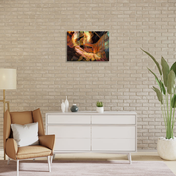 The artwork 'Threshold' by Sarah Canfield features dynamic abstract brushstrokes in warm oranges and deep blacks, creating a dramatic interplay of light and shadow. Bold gestural movements sweep across the mixed media canvas, suggesting explosive energy and movement. Rich earthy tones blend with fiery highlights, creating depth and dimensional texture.
