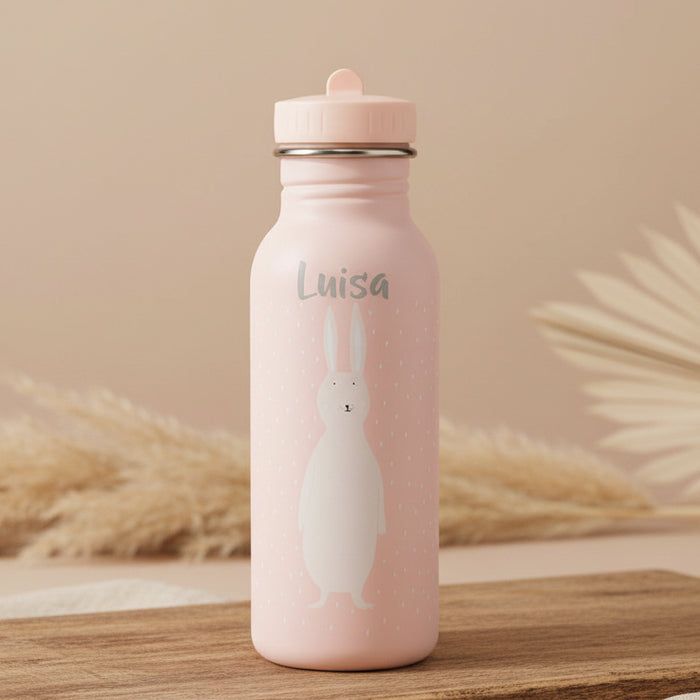Trixie Trinkflasche 500 ml Frau Hase in Rosa – Kinderflasche aus Edelstahl mit Hasenmotiv und Tragekordel für Kita und Schule