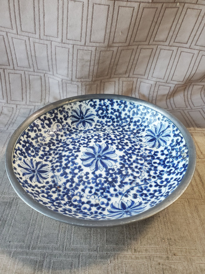 Vintage Asian Inspired Blue and White Porcelain Plate with Pewter Rim