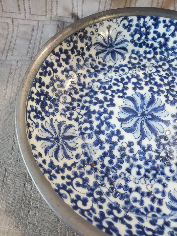 Vintage Asian Inspired Blue and White Porcelain Plate with Pewter Rim