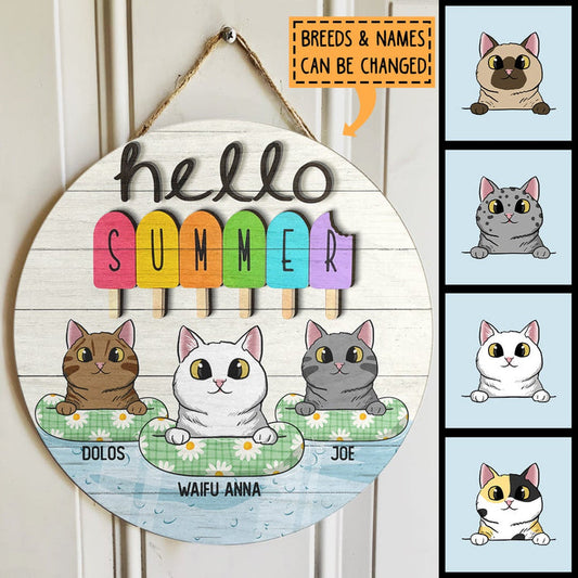 Welcome Summer Sign, Gifts For Cat Lovers, Hello Summer Time, Cat On Float & Ice Cream Personalized Wood Sign , Cat Mom Gifts