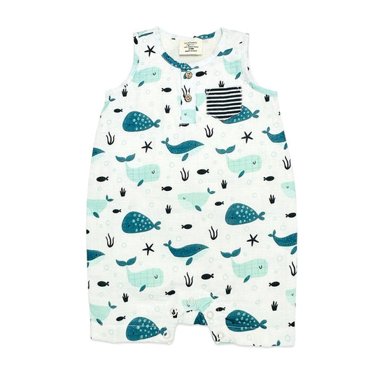 Whales Baby Short Button Romper (Organic Muslin)