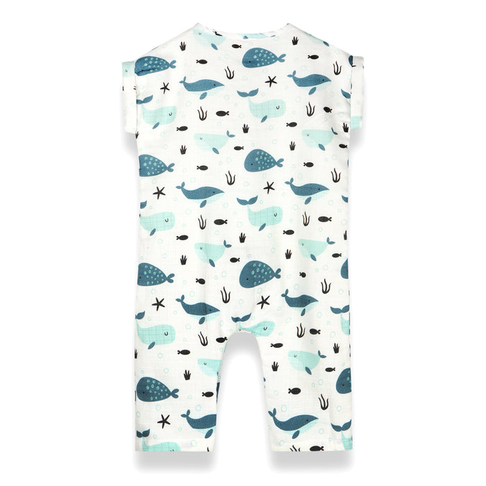 Whales Rolled Short Sleeve Baby Jumpsuit (Organic Muslin)