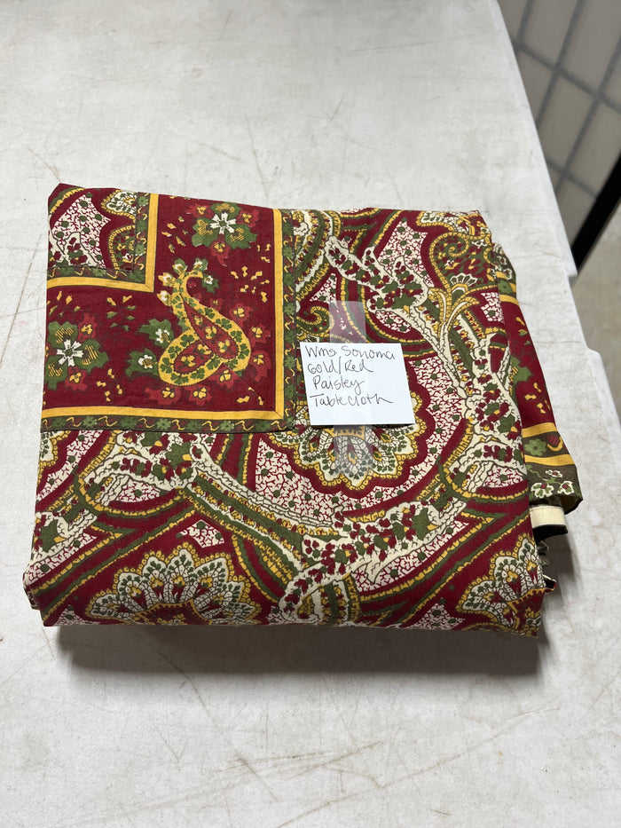 Williams Sonoma Gold/Red Paisley Table Cloth, 106"x70"